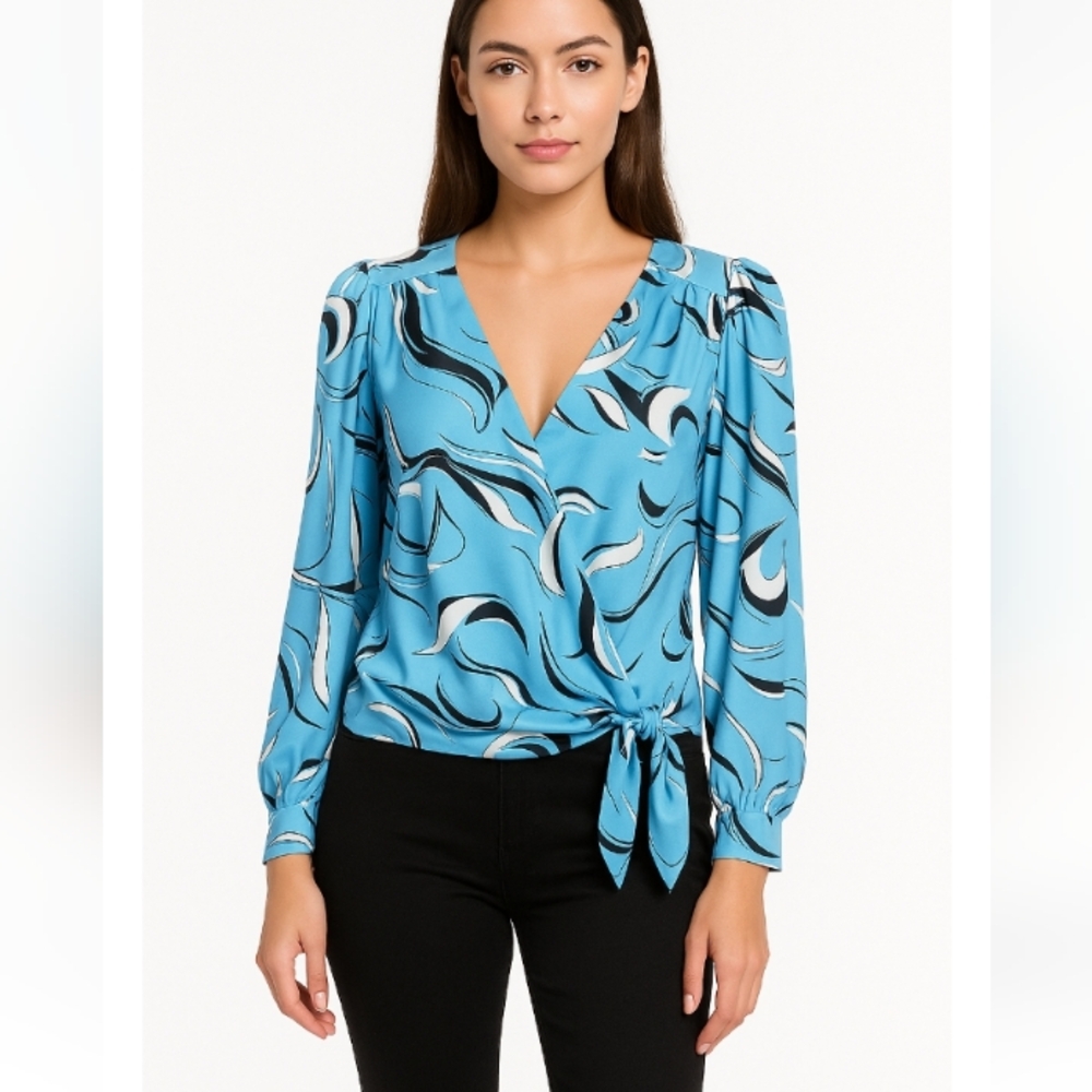 INC Blue Black White Abstract Crisscross Tie Hem Blouse – Size XL